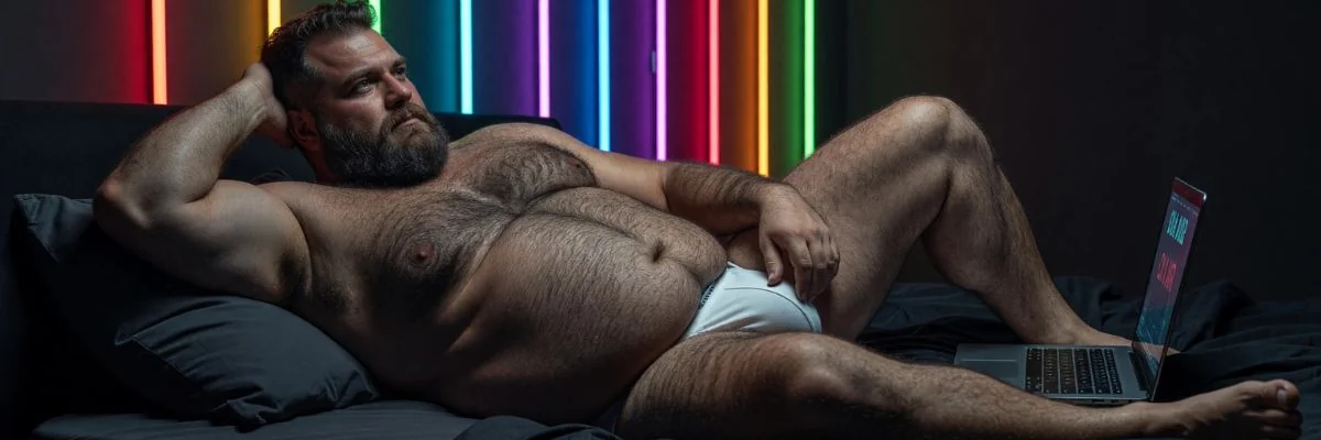 Hairy bear man relaxing on a bed in underwear while using a laptop