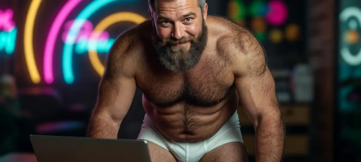 Bearded bear man leaning toward a laptop and smiling in a neon-lit room