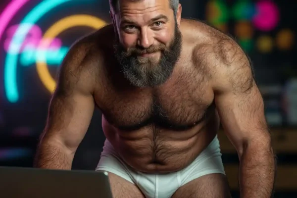 Bearded bear man leaning toward a laptop and smiling in a neon-lit room