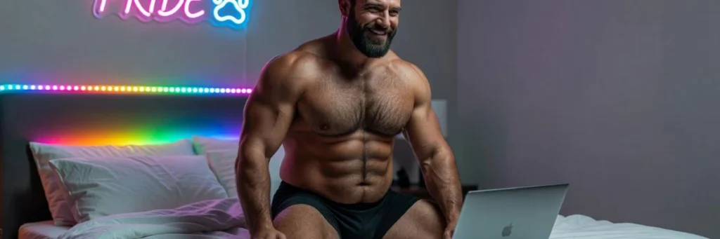 Smiling muscular bear man sitting on a bed and chatting online