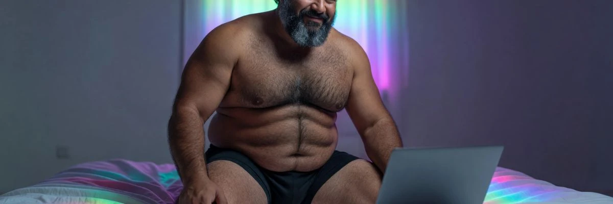 Bearded bear man sitting on a bed using a laptop with soft lighting