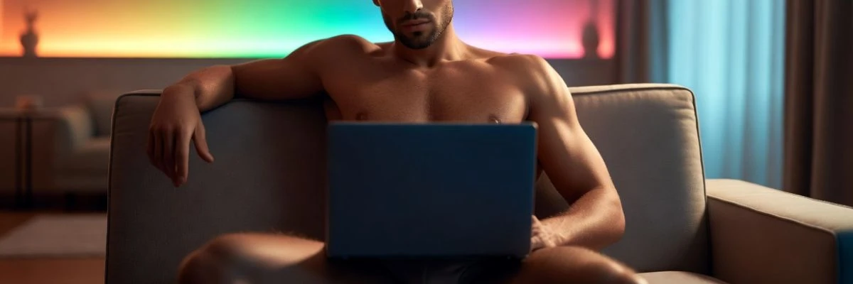 Man sitting on a couch using a laptop with warm gradient lighting