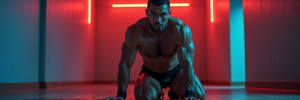Strong man on all fours in a dim neon-lit room wearing minimal gear