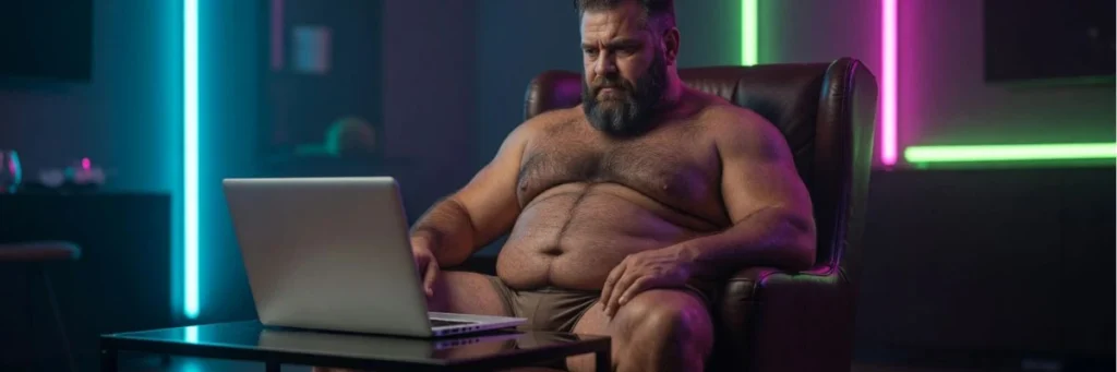 Heavyset bear man sitting in a chair using a laptop under neon lighting