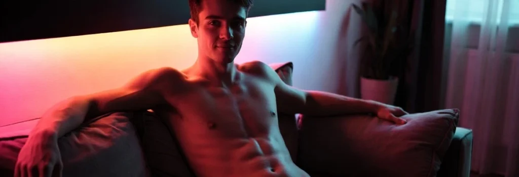 Shirtless young man relaxing on a couch in soft ambient lighting
