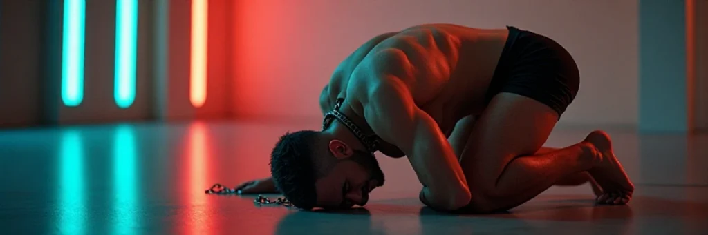 Muscular man kneeling on the floor in a submissive pose with neon lights