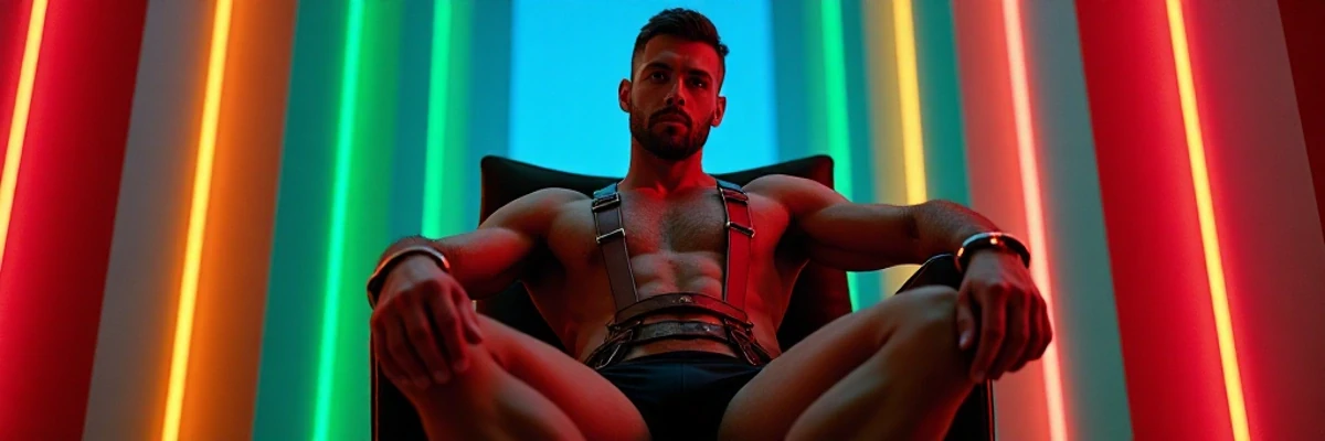 Fit man in harness and underwear sittting in front of rainbow neon lights