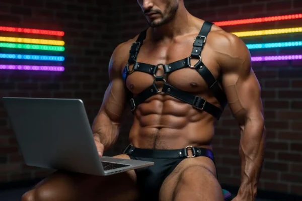 Muscular man in leather harness sitting at a desk with neon lighting