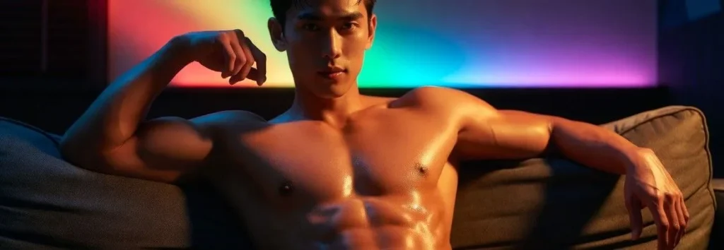 Shirtless Asian man relaxing on a couch in pink and blue lighting