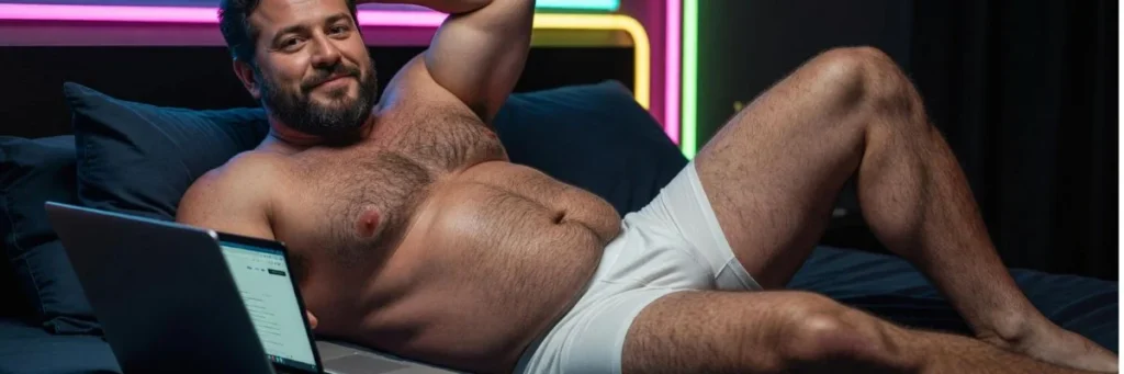 Bearded bear man lying on a bed and chatting online on a laptop