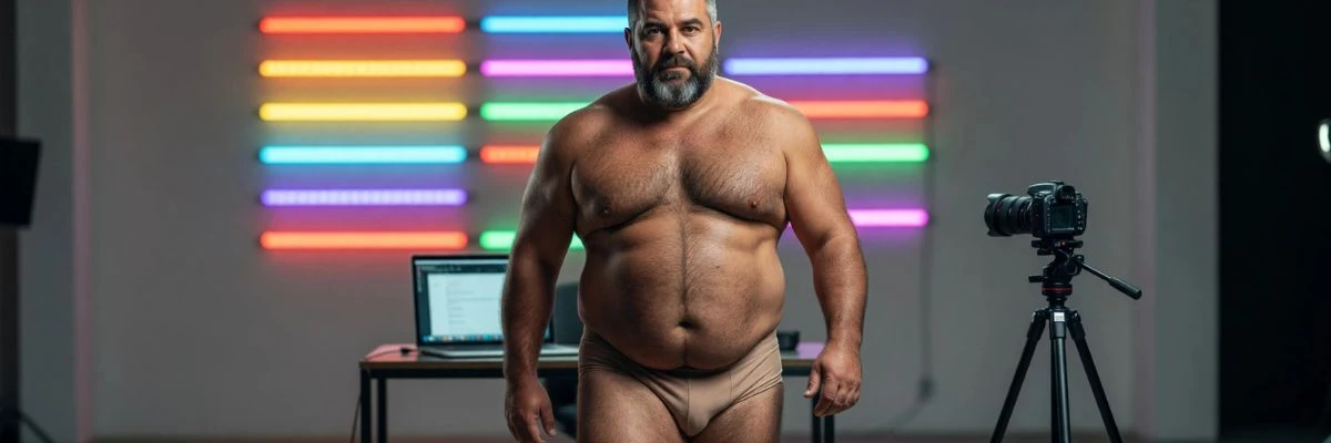 Confident bear man standing in underwear near a camera and laptop setup