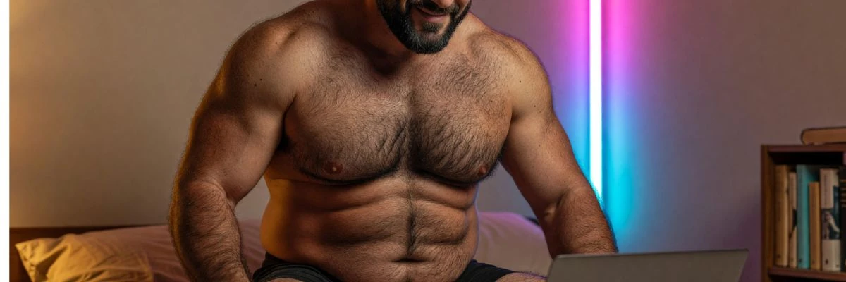 Hairy bear man using a laptop in a bedroom with colorful lighting