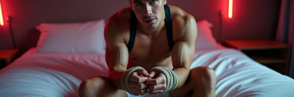 Shirtless man in harness sitting on a bed with hands restrained