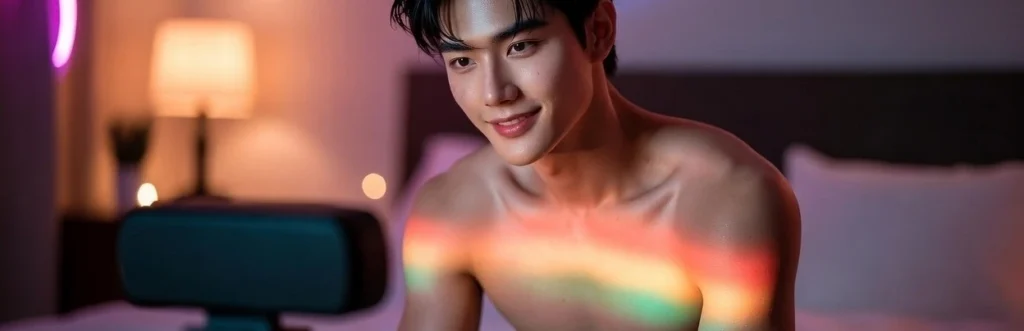 Young Asian man smiling during a webcam session with soft ambient light